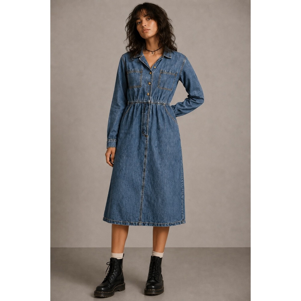 Lands End Denim Midi Dress Vintage Grunge Cottagecore Boho Blue Cotton Size 10 - Picture 1 of 8